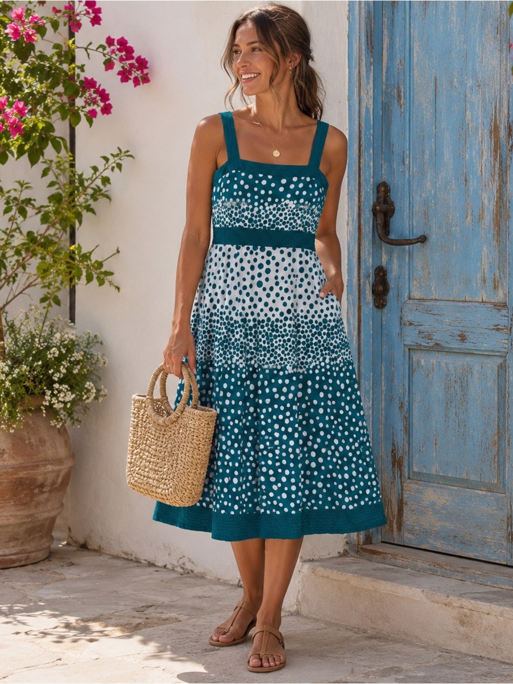 Monsoon Teal Ombré Polka Dot Cotton Sundress XS** MSRP $110